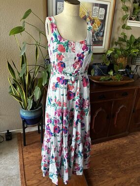 Boutique Belted White Floral Midi Cotton Dress Eyelet Lined Cottage Feminine-4